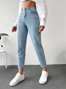 EURMUSE Rhinestone Detail Mom Fit Jeans - Medium Wash - View 5