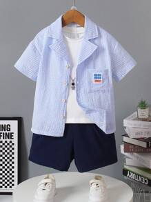 SHEIN Mùa hè Bong bóng Textured Sọc Ngắn tay Áo sơ mi Với Mặt trước Nút Và Túi Đồ trang trí - Màu xanh nhạt - Xem 1