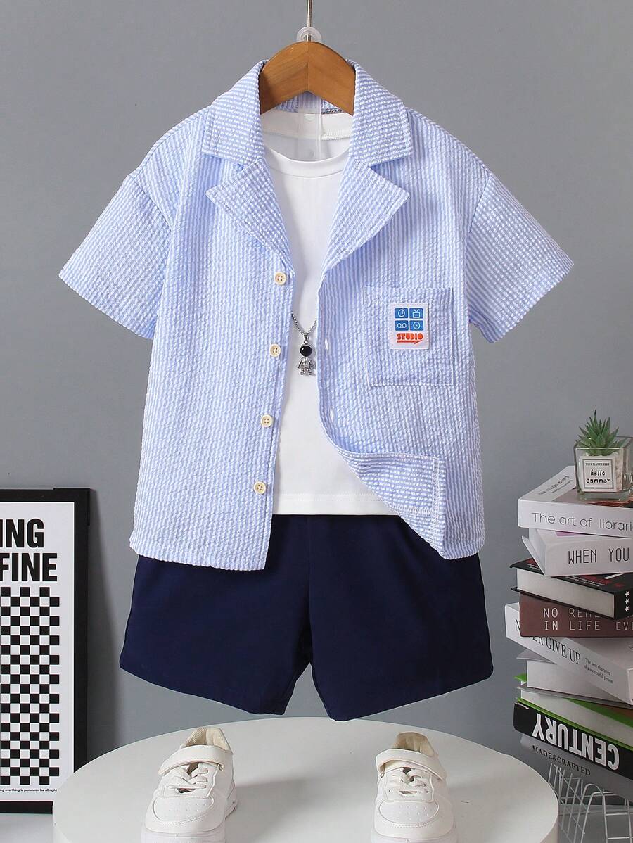 SHEIN Mùa hè Bong bóng Textured Sọc Ngắn tay Áo sơ mi Với Mặt trước Nút Và Túi Đồ trang trí - Màu xanh nhạt - Xem 1