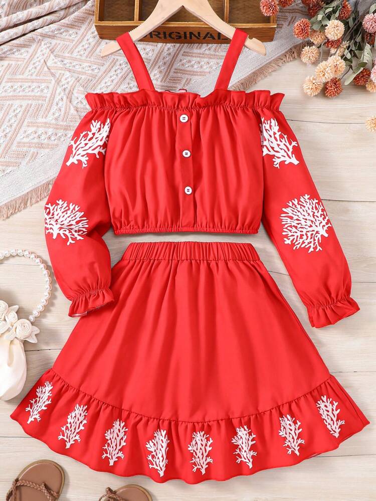 Tween Girls' Coral Printed Off-Shoulder Top And Skirt Set