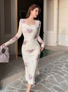 DAZY Váy lưới hoa dài tay dành cho nữ, Quần áo mùa thu dành cho nữ - trắng - Xem 6