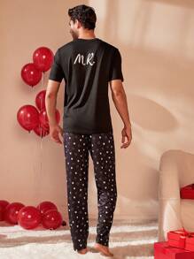 Valentine's Day Men's Letter Print Short Sleeve Top & Heart Print Pants Pajama Set - Black and White - View 2