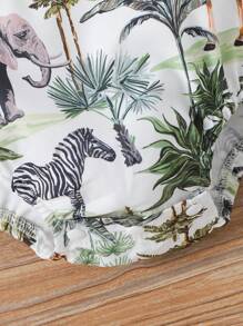 Baby Girl Stylish Vacation Style Turn Down Collar Animal & Plant Print Bodysuit With Belt, Vintage Simple Design For Spring And Summer - Multicolor - View 6