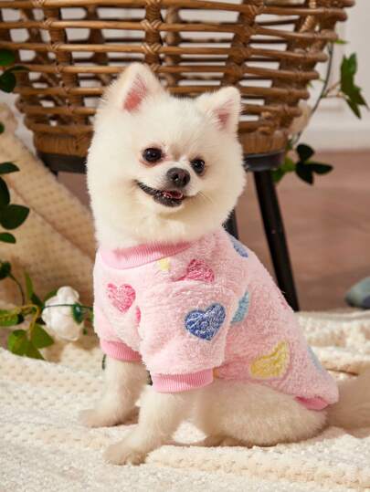 PETSIN Valentine's Day 1pc Pink Heart Patterned Fleece Pet Sweatshirt Without Hood, Warm