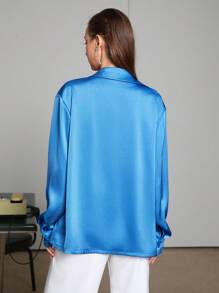 SHEINNeu Của phụ nữ Màu thuần Thả vai Tay áo Áo sơ mi - Màu xanh lam - Xem 2