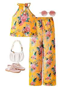SHEIN Little Girls' Floral Print Casual 2-Piece Set - Orange - View 2