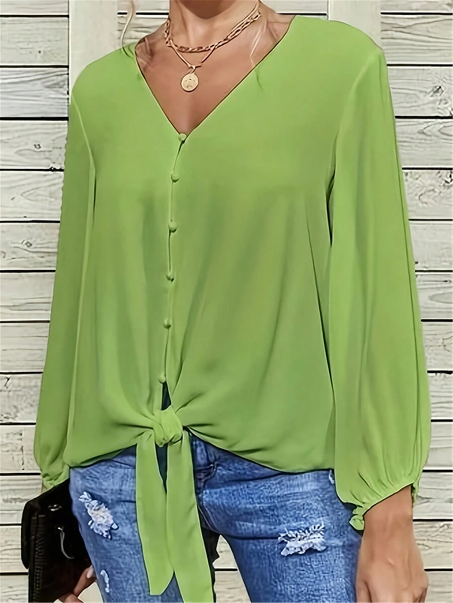 Áo sơ mi dài tay cổ chữ V thắt nút cho nữ - màu xanh lá - Xem 1