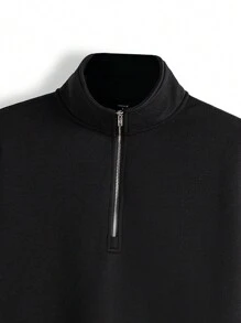 SHEIN Artist Women's Regular Loose Fit Long Sleeve Half Zip Placket Black Sweatshirt, Cotton, Holiday, Winter, Vacation, Spring, Festival