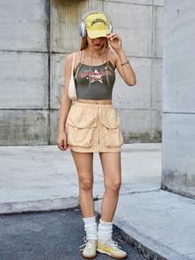 SHEIN EZwear 女士實色口袋裙 - 卡其色 - 查看 6