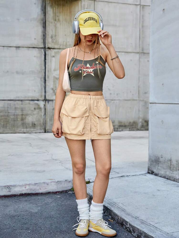 SHEIN EZwear 女士實色口袋裙 - 卡其色 - 查看 6