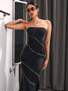 SHEIN ICON Women's Water Wash Fish Tail Off Shoulder Denim Dress With Frayed Detail - Blue - View 5