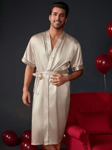 Valentine's Day Men's Color Block Belted Robe With Rolled Edge - Yellow - View 3
