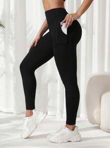 SHEIN Yoga Basic 女士高腰運動褲帶口袋 - 黑色 - 查看 1