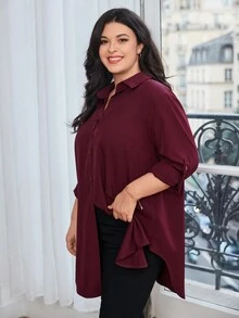 SHEIN Essnce Hơn Chất rắn Nút phía trước Áo sơ mi - Màu Đỏ Sâu - Xem 3