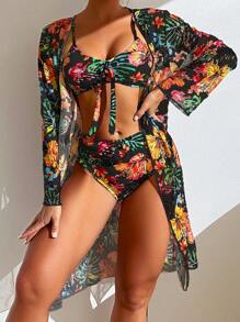 SHEIN Swim 夏季海滩女士三件套可分离植物印花比基尼套装嘉年华 - 彩色 - 查看 5
