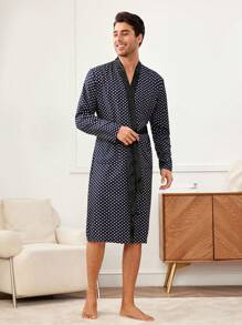 Men'S Double Pocket Polka Dot Printed Bathrobe For Home