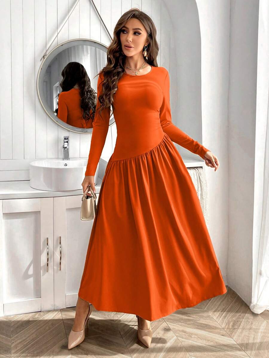 SHEIN Privé 女士圓領長袖連衣裙 - 珊瑚橙 - 查看 1