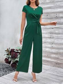 SHEIN Clasi Ladies' Solid Color Belted Jumpsuit - Dark Green - View 2