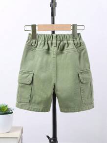 SHEIN Joven Niño Básico Bordado Decoración Cintura Elástica Cómodo Y Suave Pantalones Cortos De Mezclilla Verde - Verde - Ver 2