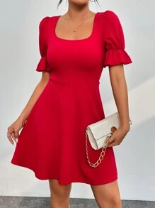 SHEIN PETITE Của phụ nữ Màu thuần Ống tay áo Đầm - Đỏ - Xem 6
