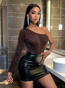 SHEIN Slayr Women's One Shoulder Long Sleeve Sparkly Bodysuit - Coffee Brown - View 4
