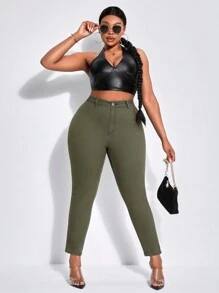 SHEIN EZwear Women's Plus Size Solid Color Skinny Jeans - Army Green - View 4