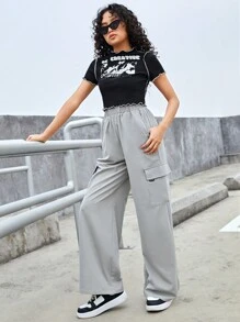 Teen Girl Portrait Pattern Ribbed T-Shirt And Pocket Wide-Leg Pants Two-Piece Set - Multicolor - View 7