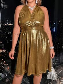 SHEIN Unity Plus Size Women's Sparkling Halter Neck Dress - Gold - View 4