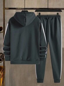 Manfinity Homme Nam Khối màu Thêu Chữ Dây rút Hoodie Và Quần thể thao Bộ - Màu xám đen - Xem 2