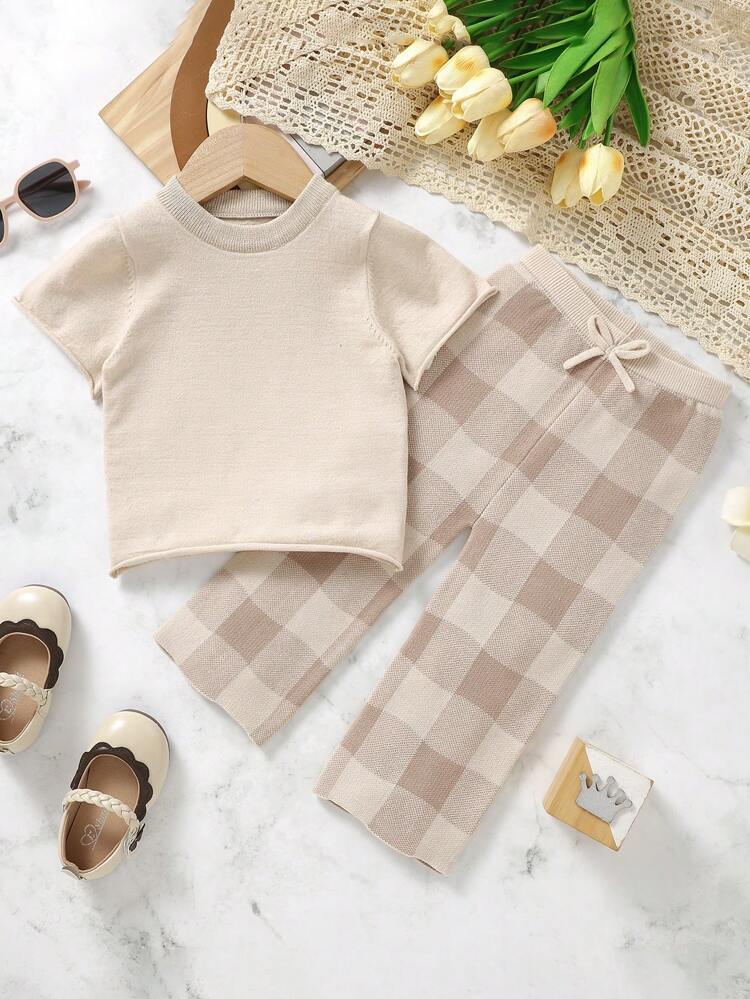 Infant Short Sleeve Knit Top And Plaid Knit Pants Set