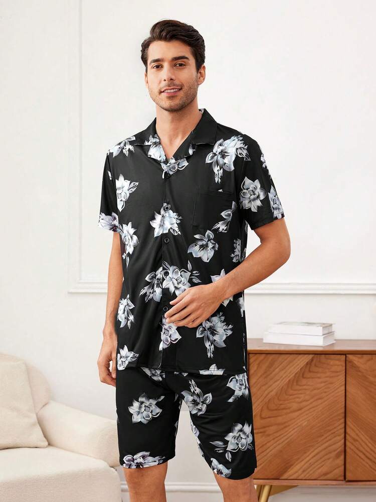 Men'S Floral Print Short Sleeve Shirt And Shorts Homewear Set