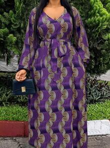 SHEIN LUNE 大尺寸全印花 V 領主教袖連身裙