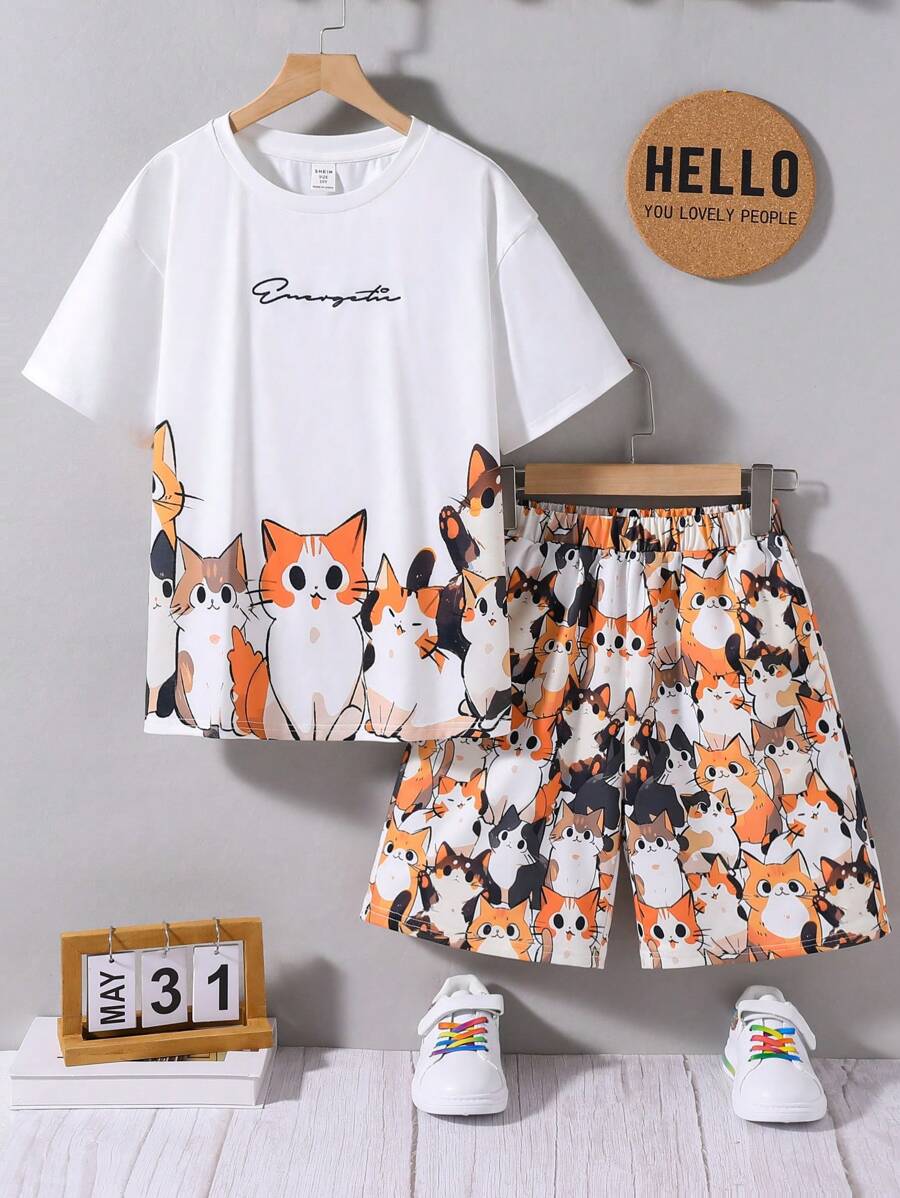 SHEIN Cậu bé Tween Giải trí Mèo in Lỏng lẻo phù hợp Ngắn tay Áo thun Và Quần short Đan Hai Bộ - Nhiều màu - Xem 1