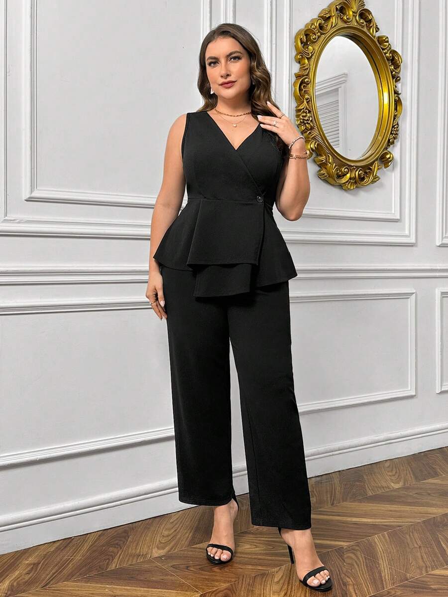 SHEIN Privé Women's Plus Size V-Neck A-Line Top And Straight Pants Set - Black - View 1