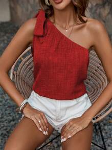 Breezaya Blusa sin mangas de un hombro para ropa de Año Nuevo de mujer - Rojo - Ver 6