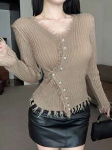 DAZY 女士时尚珍珠纽扣装饰流苏边开衫，秋季服装 - 卡其色 - 查看 3