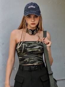 SHEIN EZwear Ngụy trang Đan Của phụ nữ Ống ngọn - xanh quân đội - Xem 1