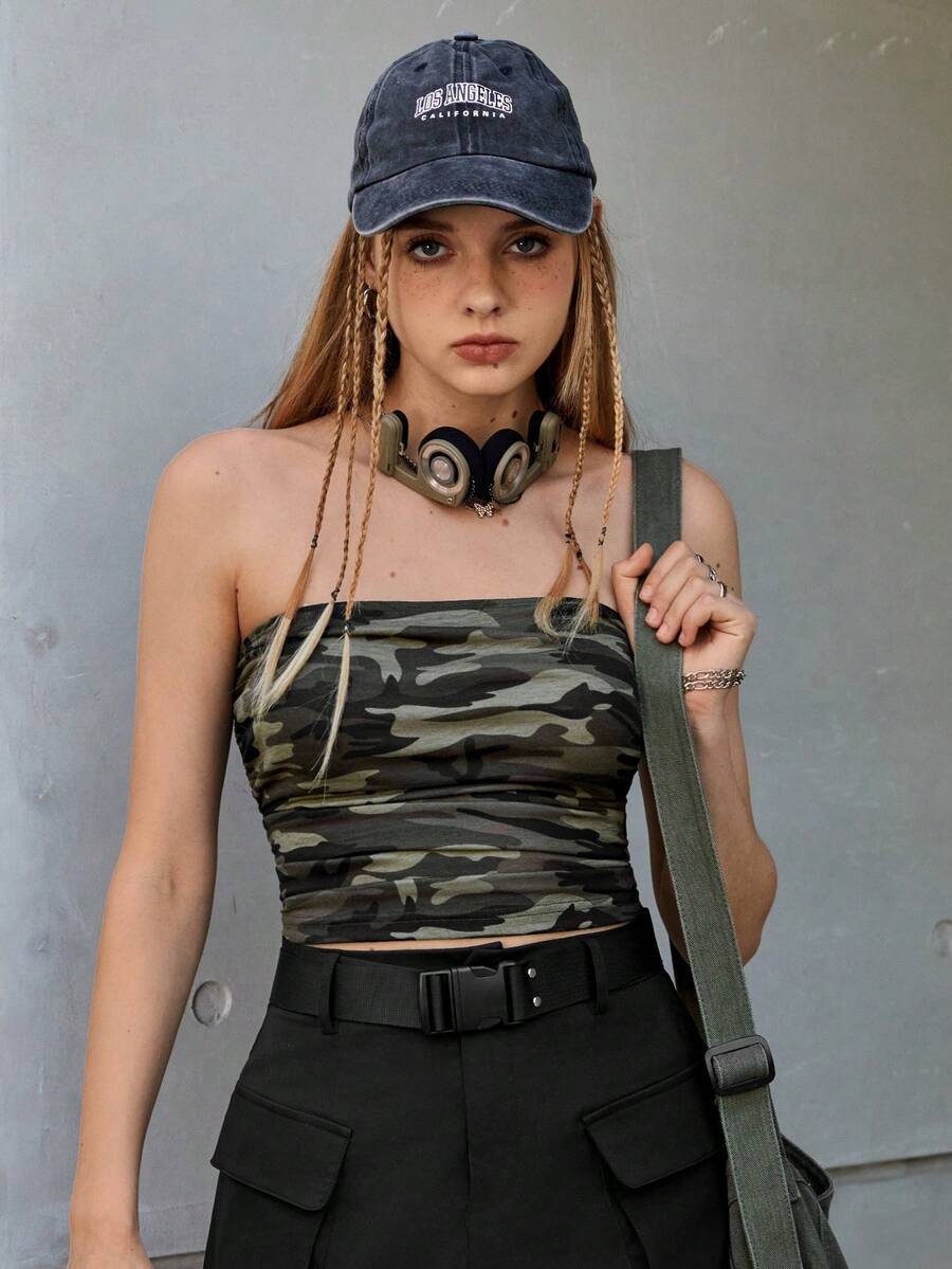 SHEIN EZwear Ngụy trang Đan Của phụ nữ Ống ngọn - xanh quân đội - Xem 1