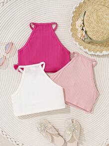 SHEIN Young Girl Ribbed & Tassel Hem Halter Top For Summer Beach Vacation - Multicolor - View 2