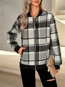 Women's Long Sleeve Checkered Jacket - Black - View 5