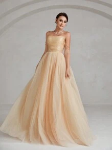 Chain Detail Mesh Prom Tube Gown Ball Gowns Woman Formal - Apricot - View 1