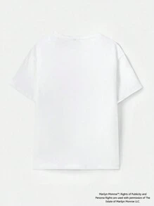 Marilyn Monroe X SHEIN Plus Size Casual Figure Print Short Sleeve T-Shirt, Suitable For Summer - White - View 2