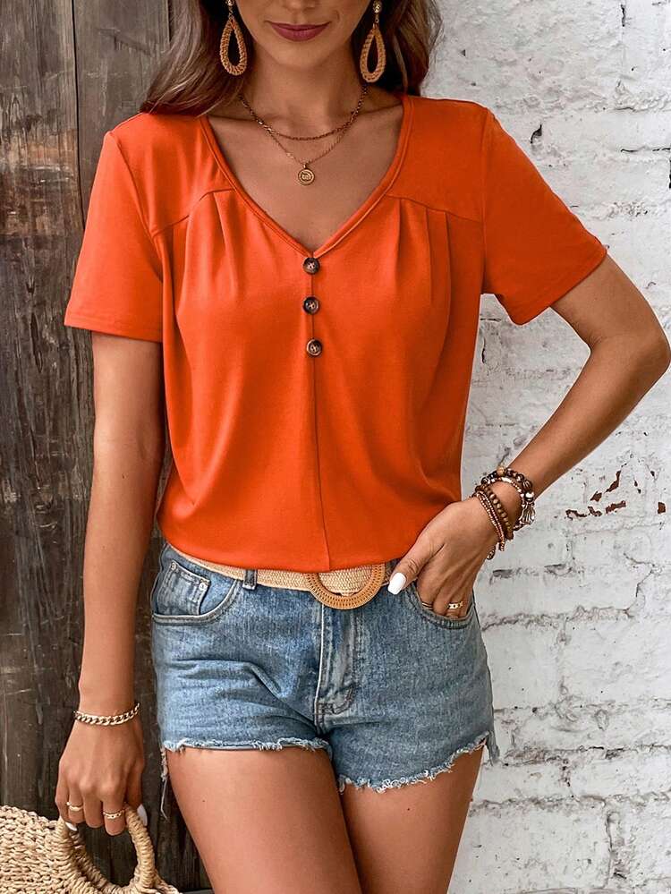 SHEIN LUNE Camiseta De Manga Corta Con Escote En V Con Detalle De Botón - Naranja - Ver 4
