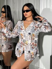 Swim EVENT Plus Size Newspaper Printed Kimono - Multicolor - View 5