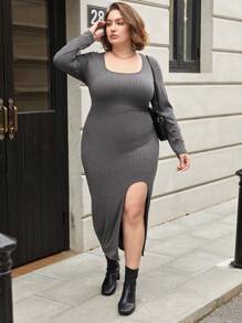SHEIN Essnce Women's Plus Size Square Neck Side Slit Hem Dress