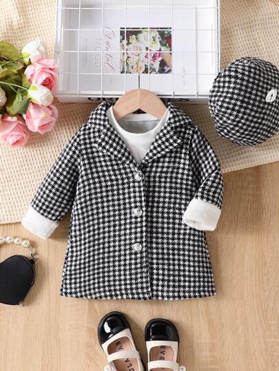 Baby Girl Simple And Elegant Long Sleeve Warm Houndstooth Woolen Coat