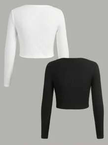 SHEIN Explorewe 2pcs Tween Girl Basic High-Waisted Short Sleeve And Long Sleeve T-Shirt Set, Soft And Breathable