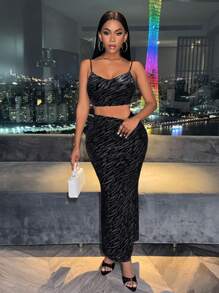 Zolique Women'S Zebra Print Camisole Top And Mermaid Tail Skirt Set - Black - View 4