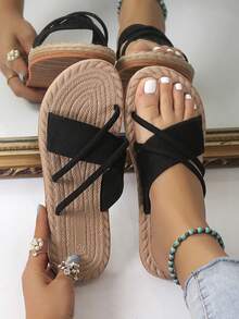 Women's Flat Sandals, Comfortable Slippers, Open Toe Anti-Slip Solid Color Cross Strap Beach Shoes - Black - View 1