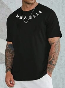 男士字母設計短袖t恤 - 黑色 - 查看 1